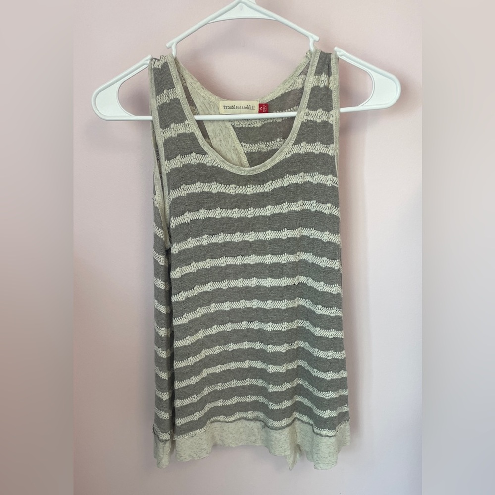 Trouble at the Mill Women’s Sleeveless Knit Backless Gray and White Striped Top